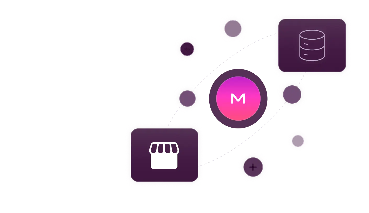 Illustration show Miva logo in between icons representing backend system and storefront.