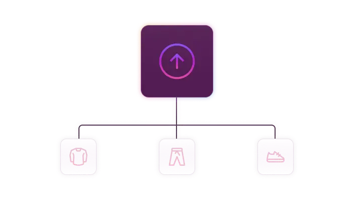Illustration of a purple square with an arrow pointing up and three child elements connected to it showing pants, a shirt, and shoes.