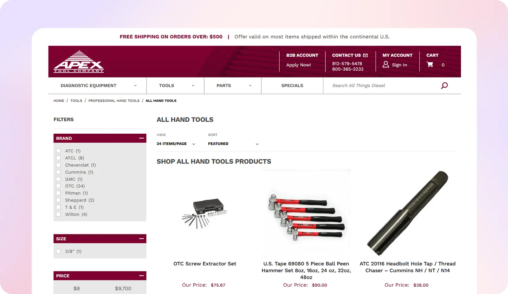 Screenshot of Apex Tools' Hand Tools category landing page. Listing an extractor set, hammers, and thread chaser.