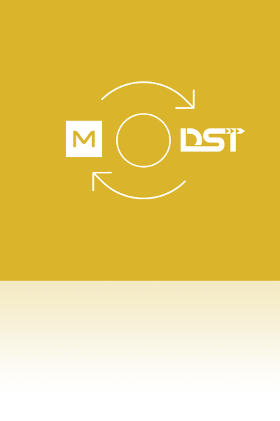 Miva icon and DST icon, with arrows showing them working together.