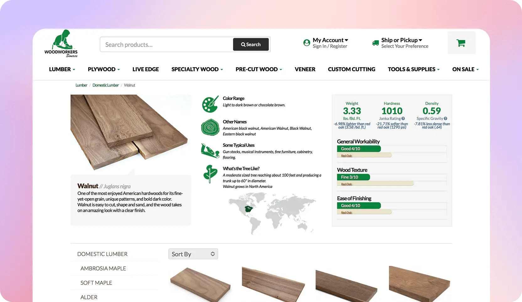 Screenshot of Woodworkers Source category page for Walnut lumber.