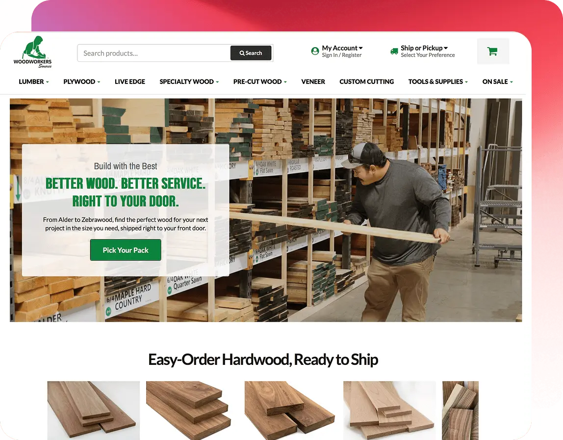 Screenshot of Woodworkers Source home page.