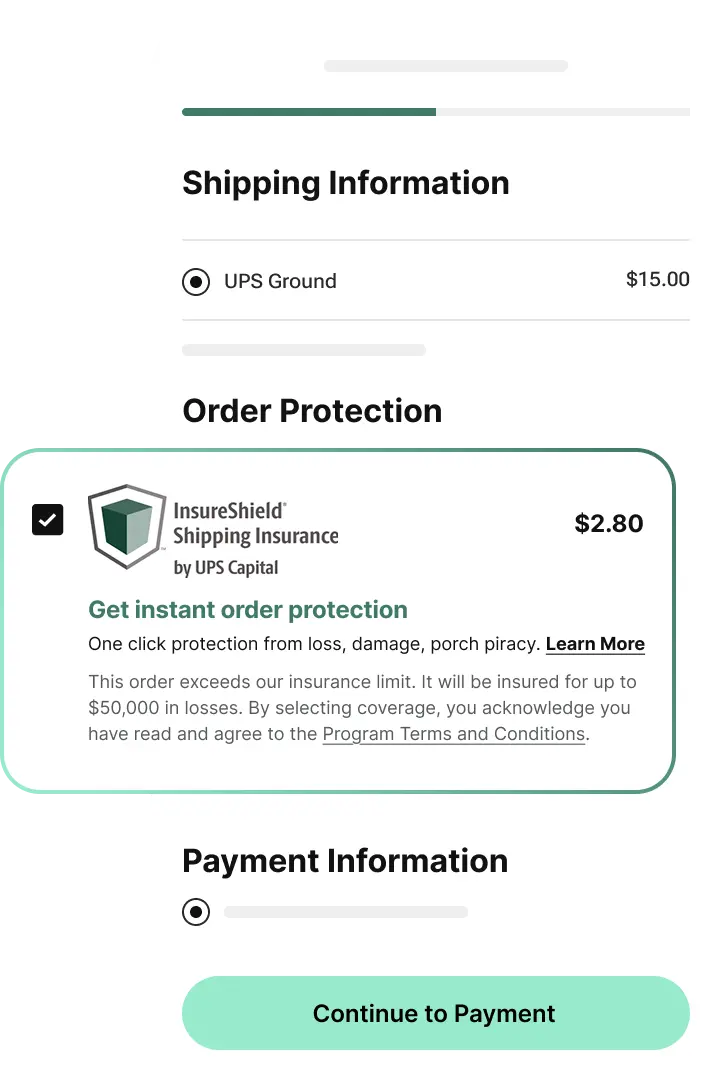 Checkout page with InsureShield Shipping Insurance by UPS Capital selected as order protection for $2.80, between shipping and payment steps.