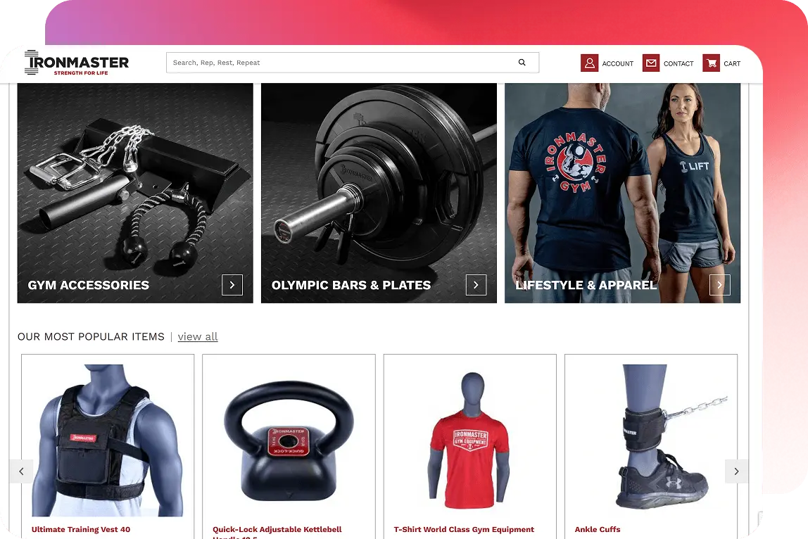 Screenshot of categories on the Ironmaster home page.