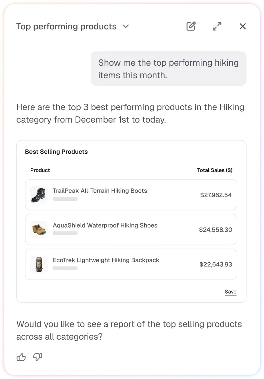 Screenshot of AI assistant answering a query about Top performing products and getting results below.