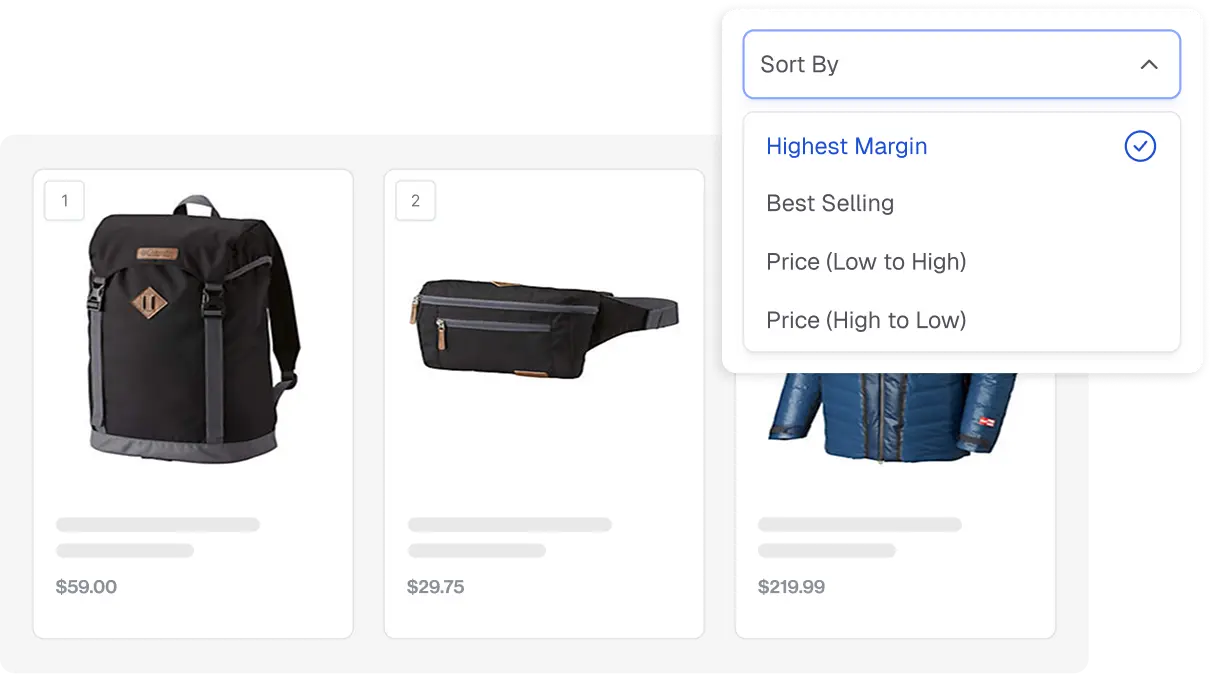 Three products side by side with a Sort By dialog displayed on top of it.