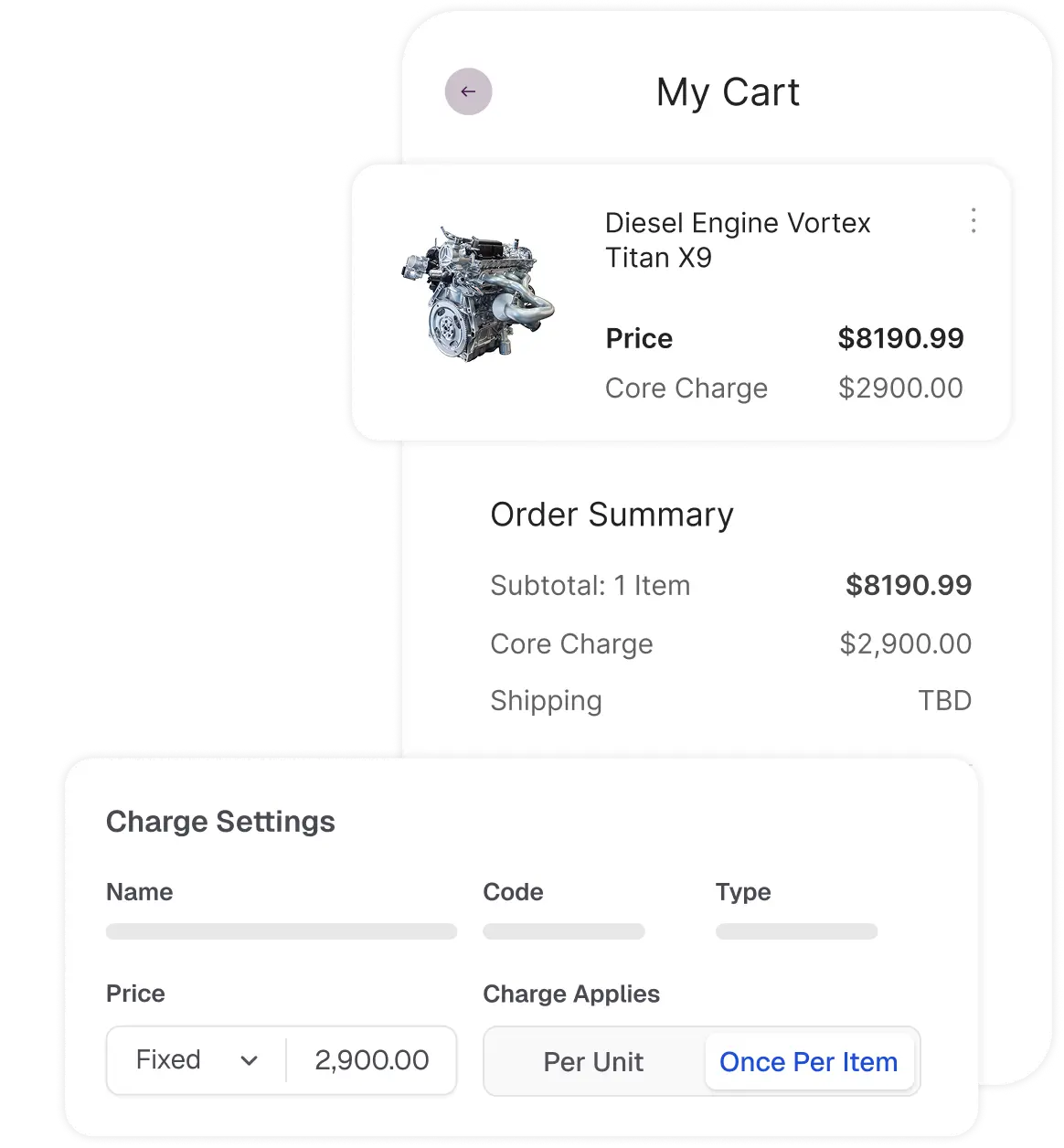 Dialog of a shopping cart and another dialog on top showing how a fixed Core Charge is configured in Miva.