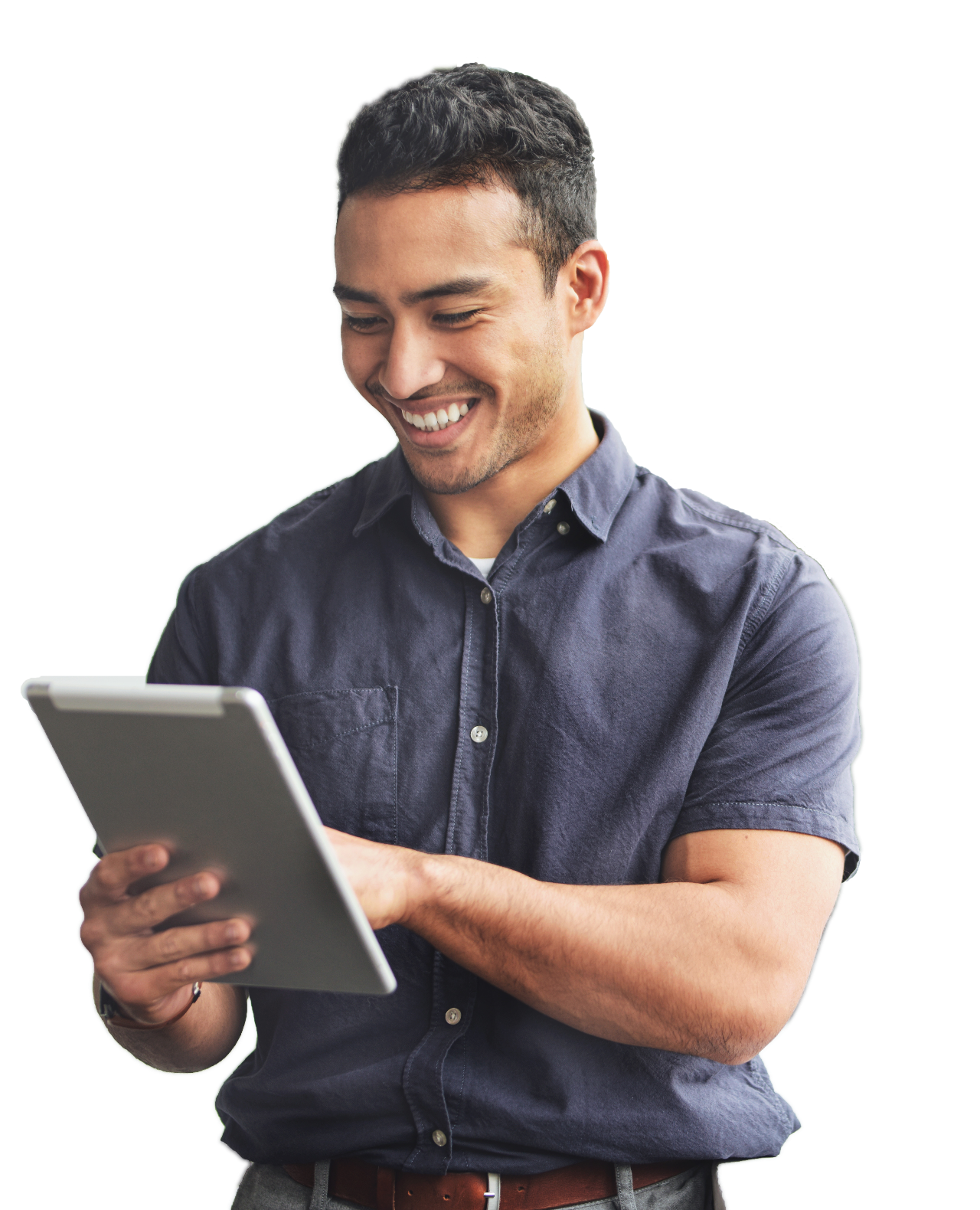 Guy smiling and using a tablet.