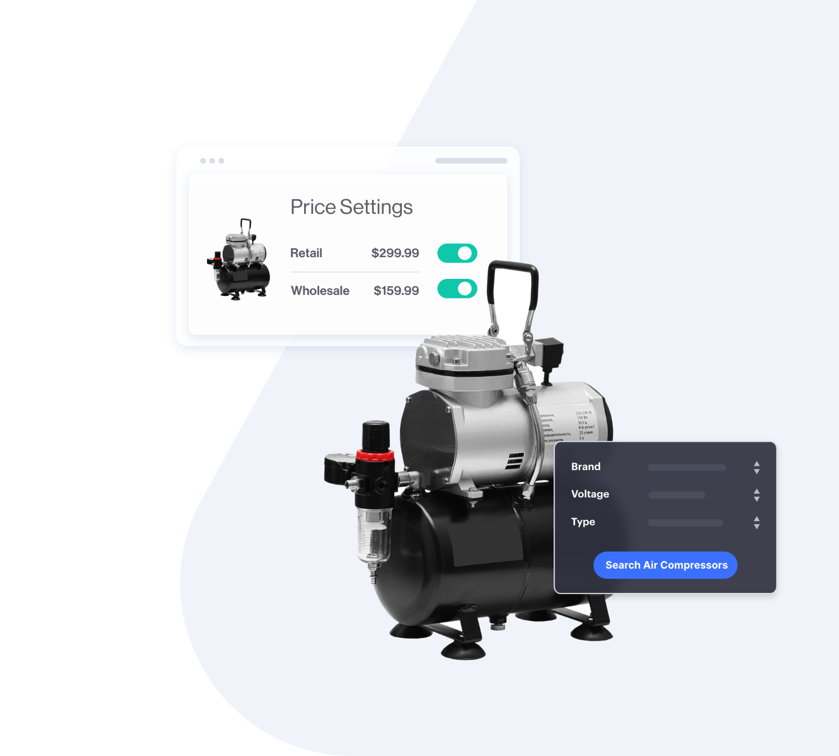 Air compressor product with backend and frontend popups of options.