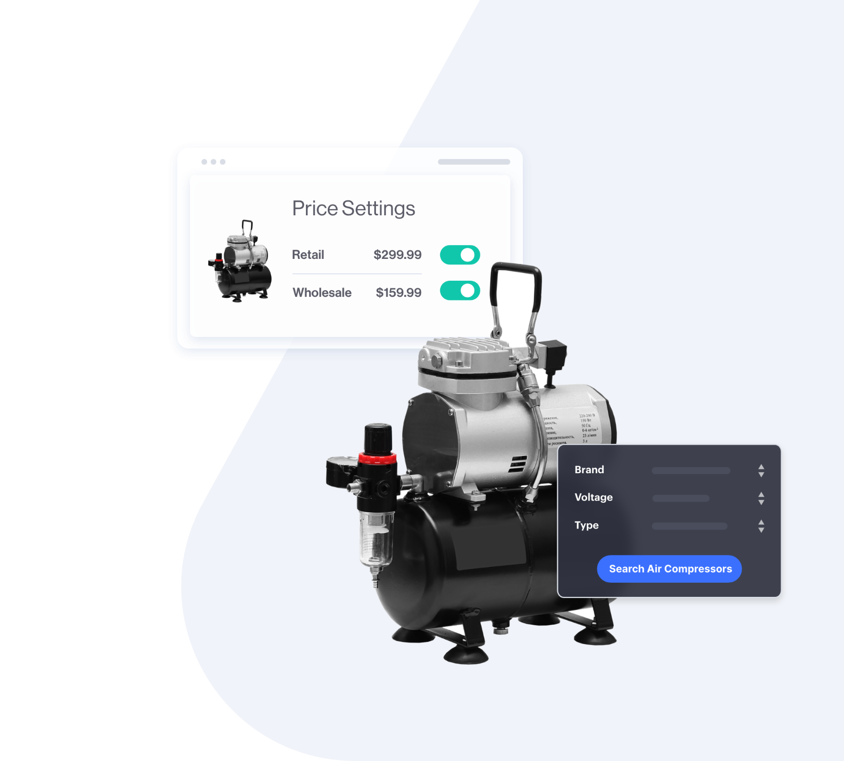 Air compressor product with backend and frontend popups of options.