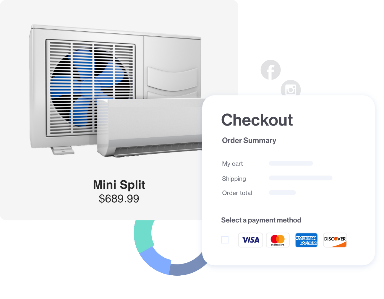 Air conditioner unit product with checkout options popout.