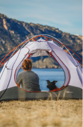 Woman and dog in a tent on a lake.