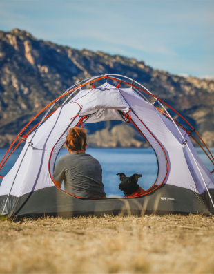 Woman and dog in a tent on a lake.