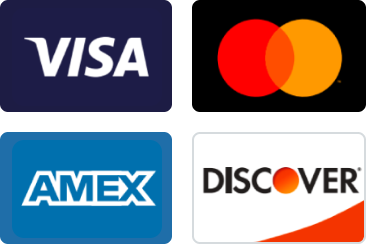 Logos for Visa, Mastercard, AmEx, and Discover.