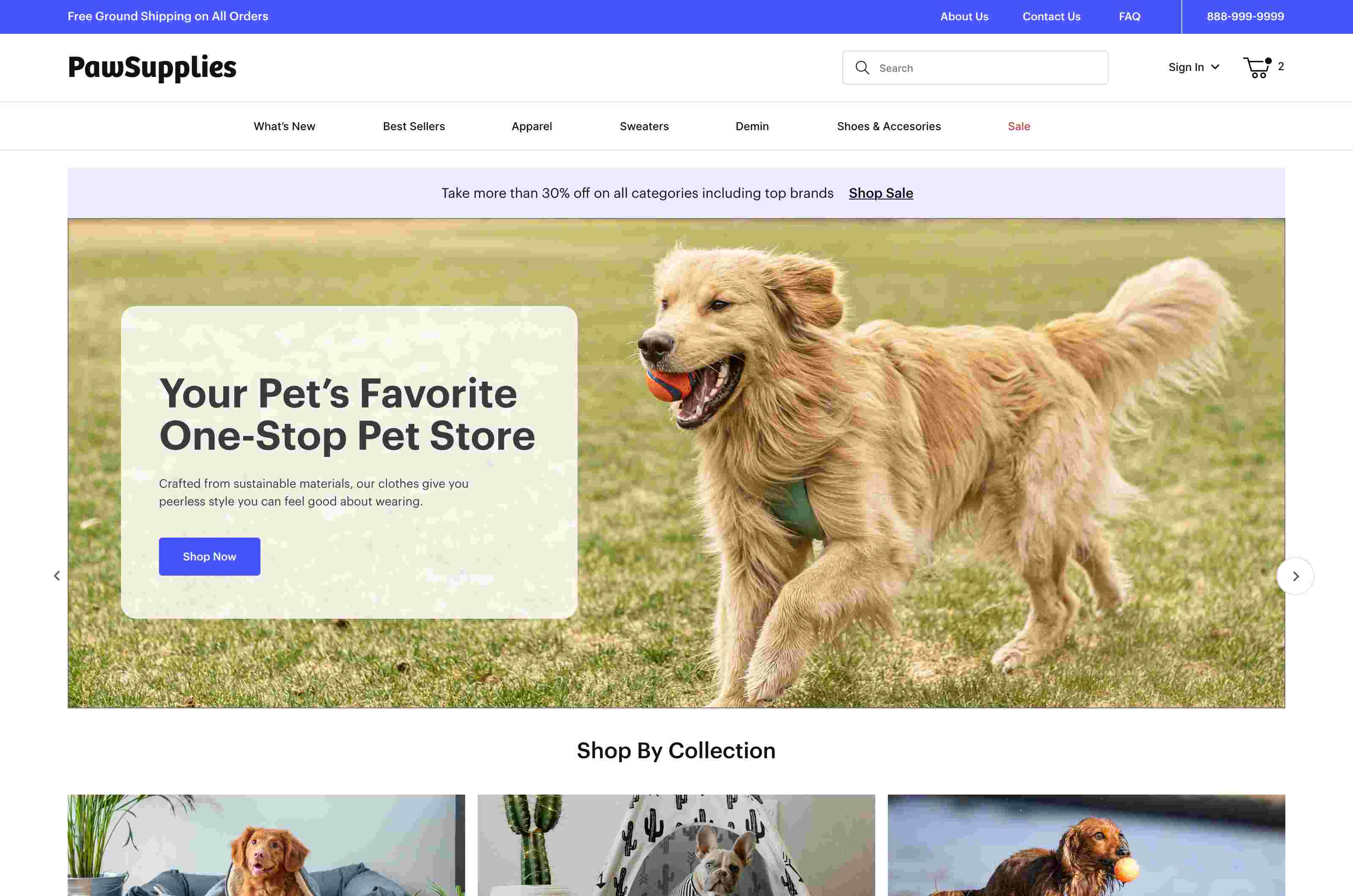 Screenshot of pet supplies website.