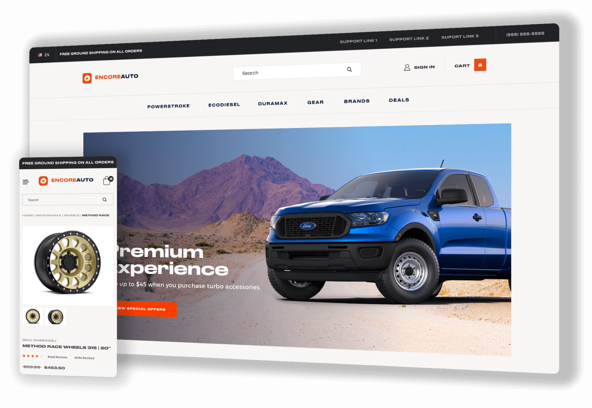 Desktop and mobile versions of automotive website storefront.