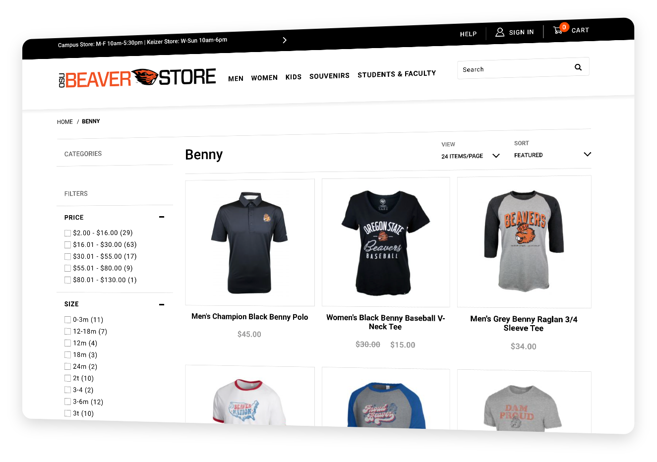 Screenshot of OSU Beaver Store category page.