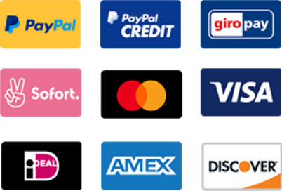 Logos of accepted payments. PayPal, Paypal Credit, Giro Pay, Sofort, Mastercard, Visa, iDeal, AMEX, Discover.