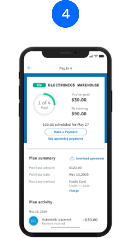 Smartphone showing Pay in 4 plan summary.