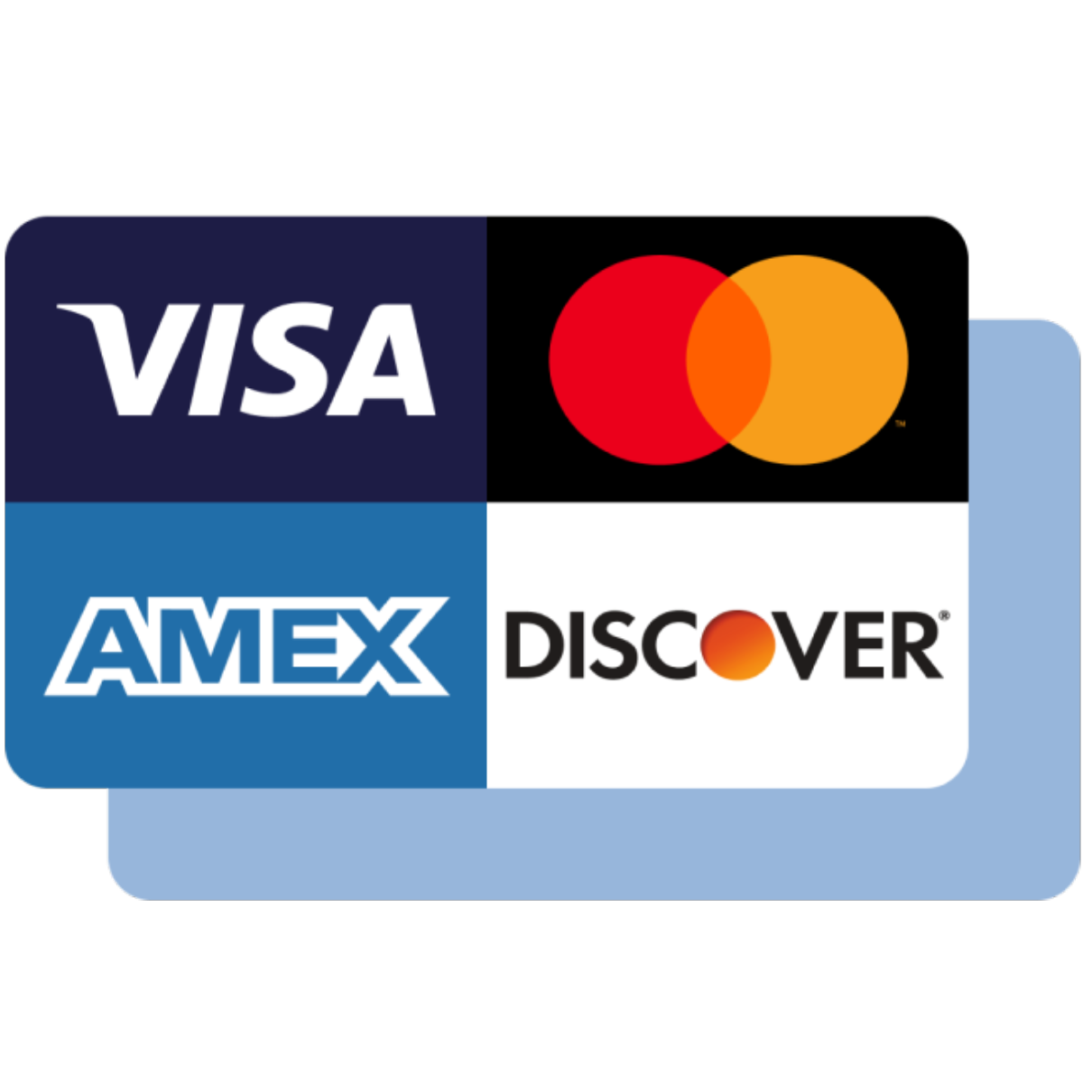 Logos for Visa, Mastercar, American Express, and Discover.