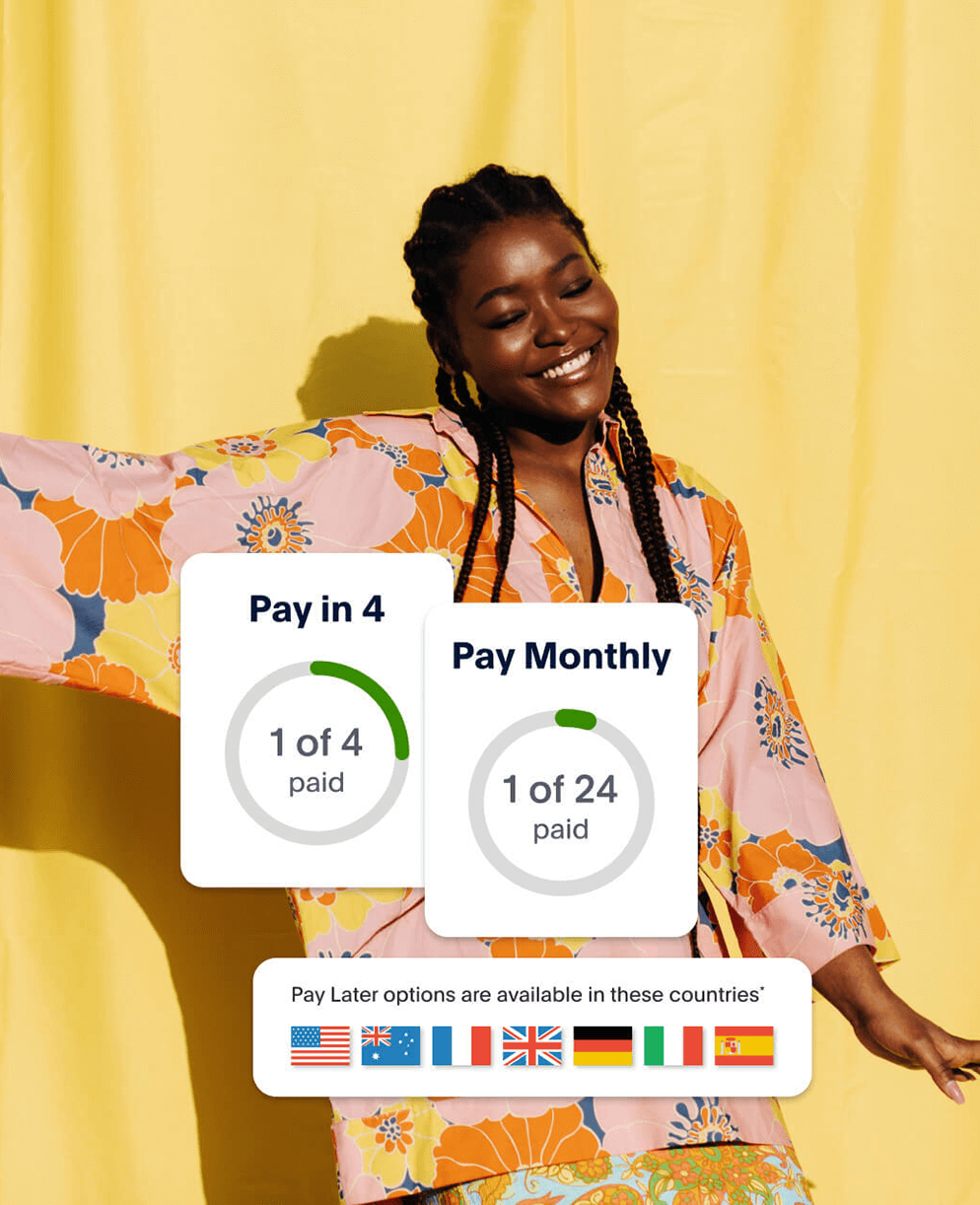 Woman on laptop with Pay in 4, Pay Monthly, and available countries highlighted in foreground.