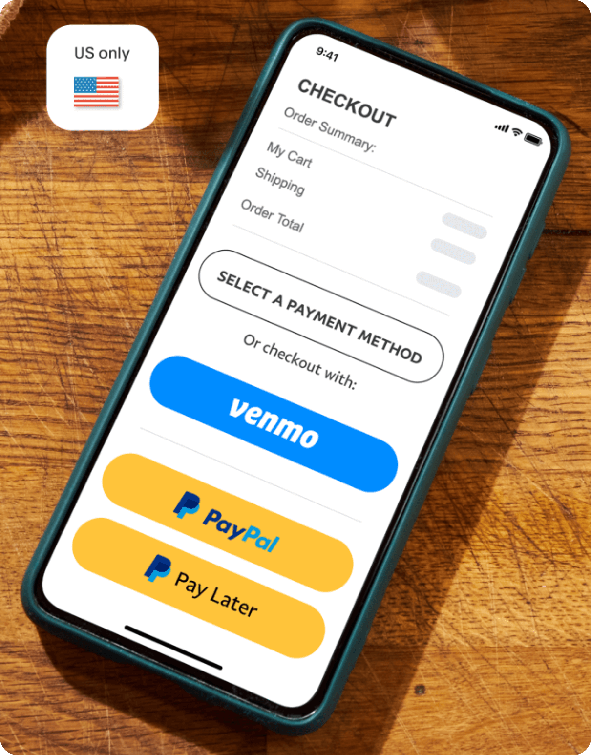 Smartphone with a checkout screen on it, showing the Venmo and PayPal buttons.