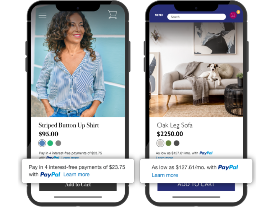 Two smart phones with PayPal Pay Later text highlighted.