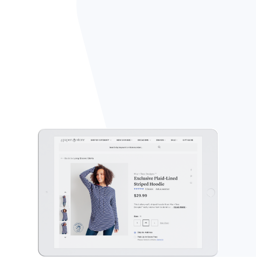 iPad with clothing store product page displayed.