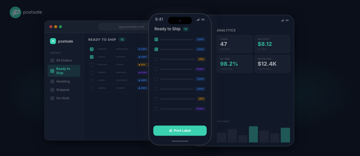 Image of Postsale admin on desktop and mobile, with Ready to Ship and Print Label featured.