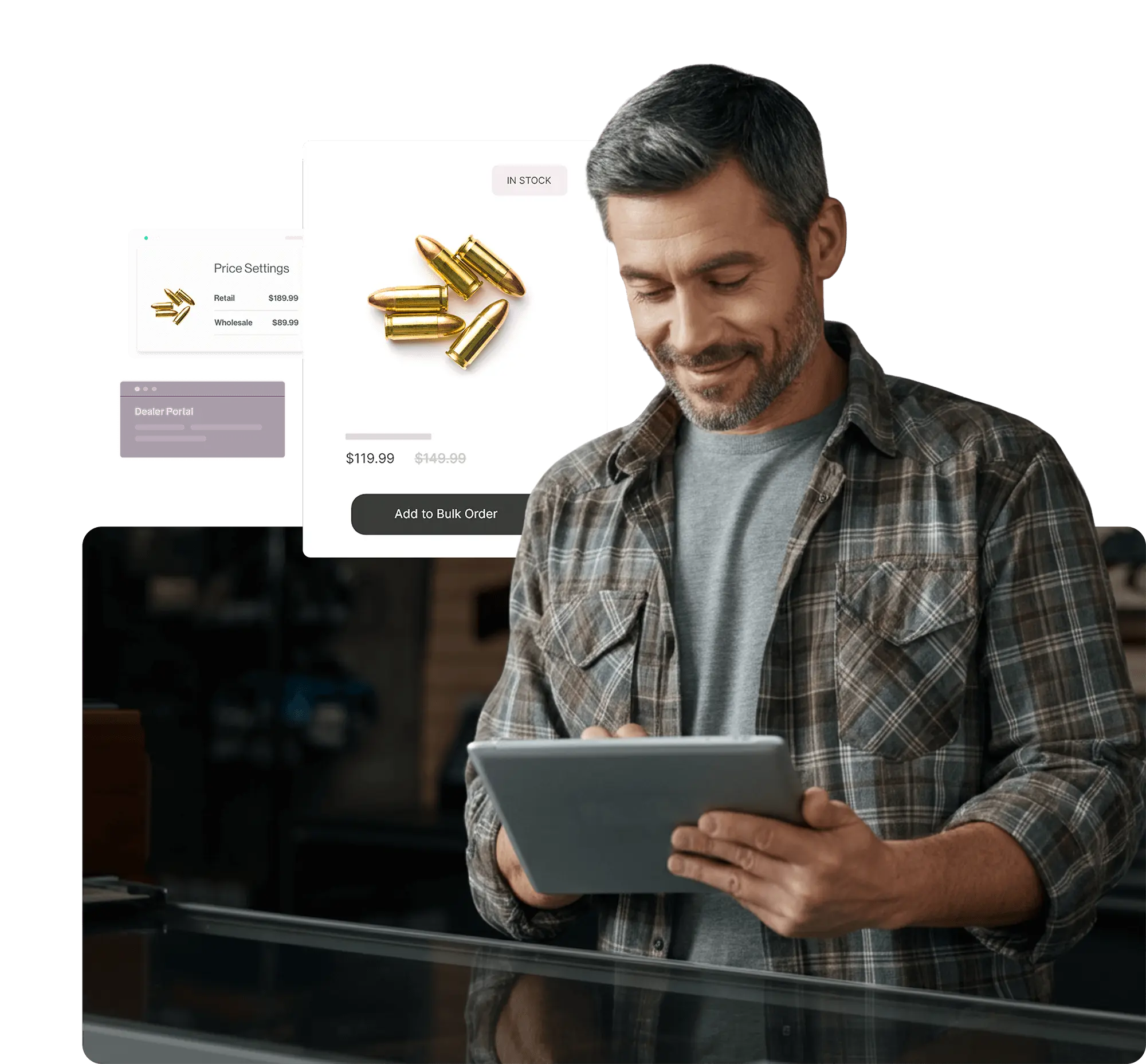 A man using a tablet and with a product page for ammo behind him.