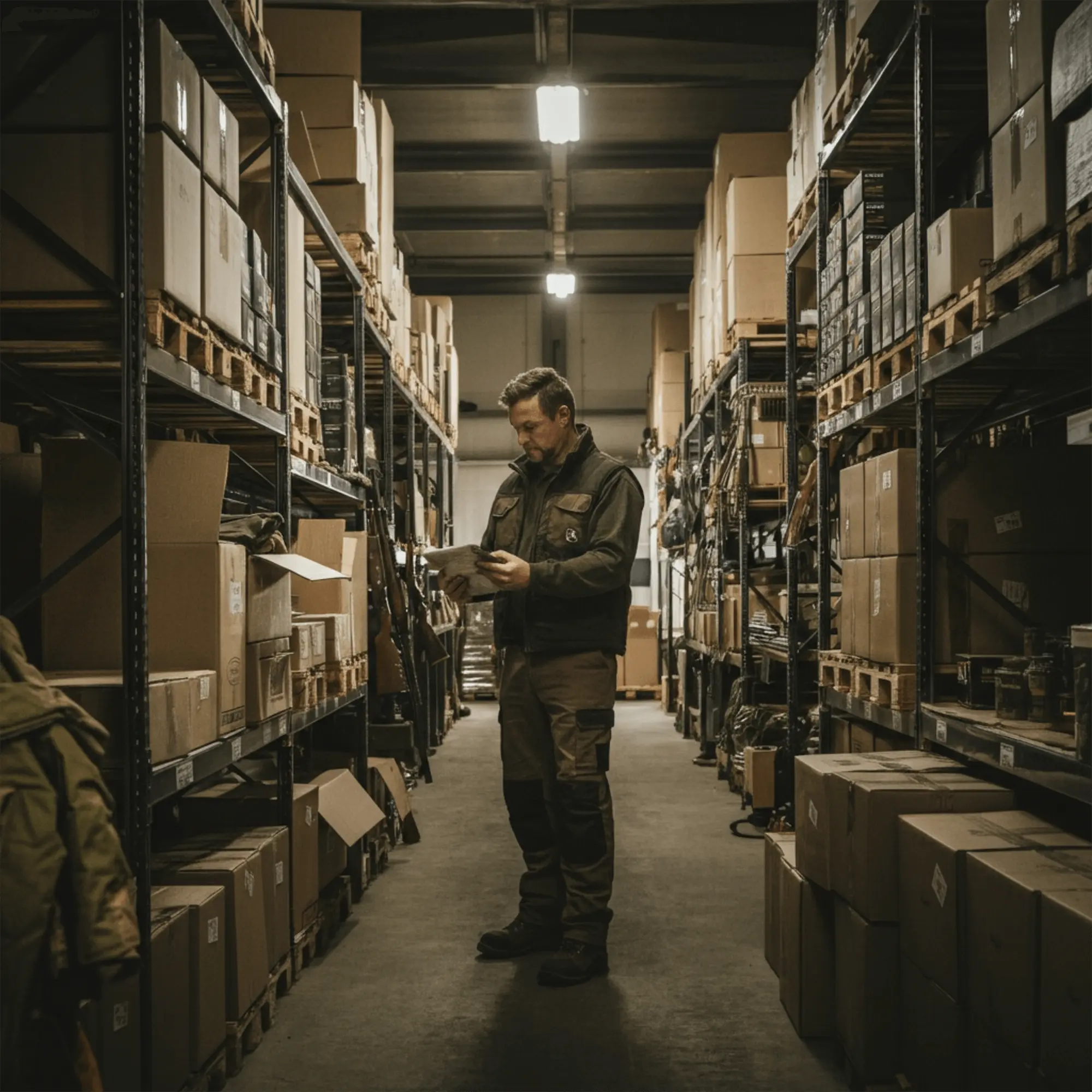 A man standing in a warehouse and using a tablet.