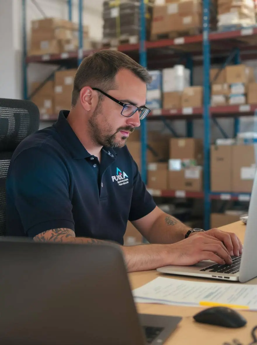 A man at a laptop sitting in a warehouse.