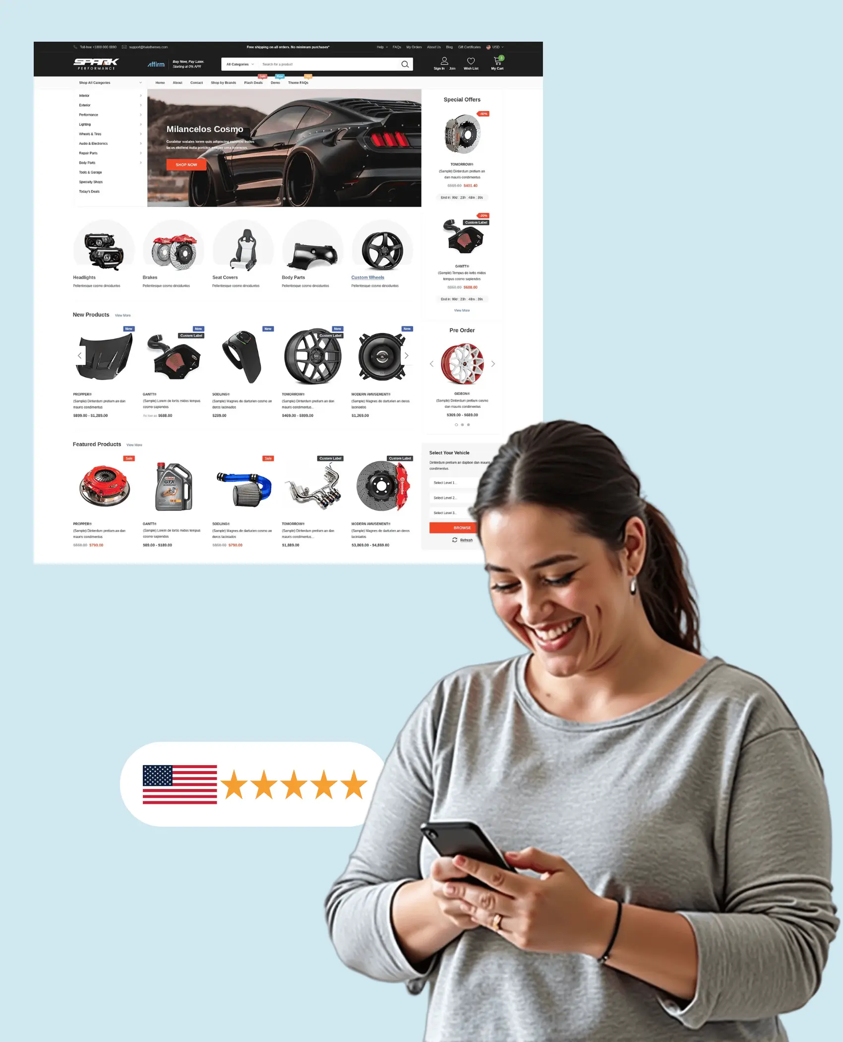 Woman smiling and looking at her phone, with a product page displayed behind her, and a 5 star rating and United States flag.