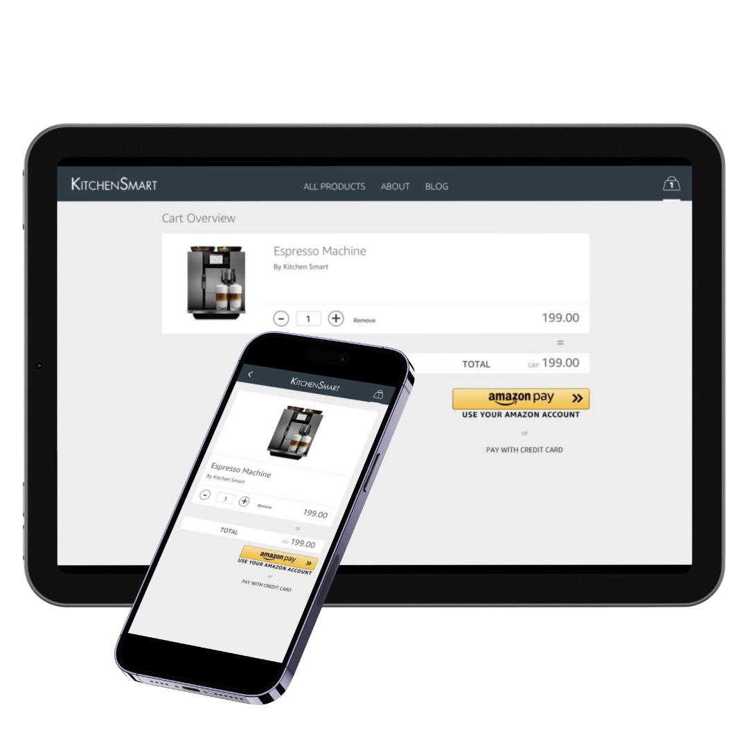 Screenshot of a store checkout on both a tablet and a mobile device.