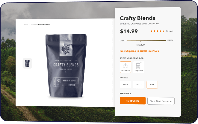 Screenshot of a coffee website with the product options highlighted.
