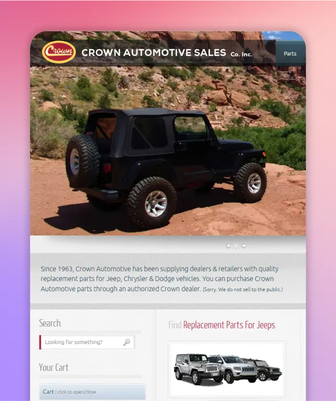 Screenshot of Crown Automovie mobile home page, with a gradient displayed behind it.