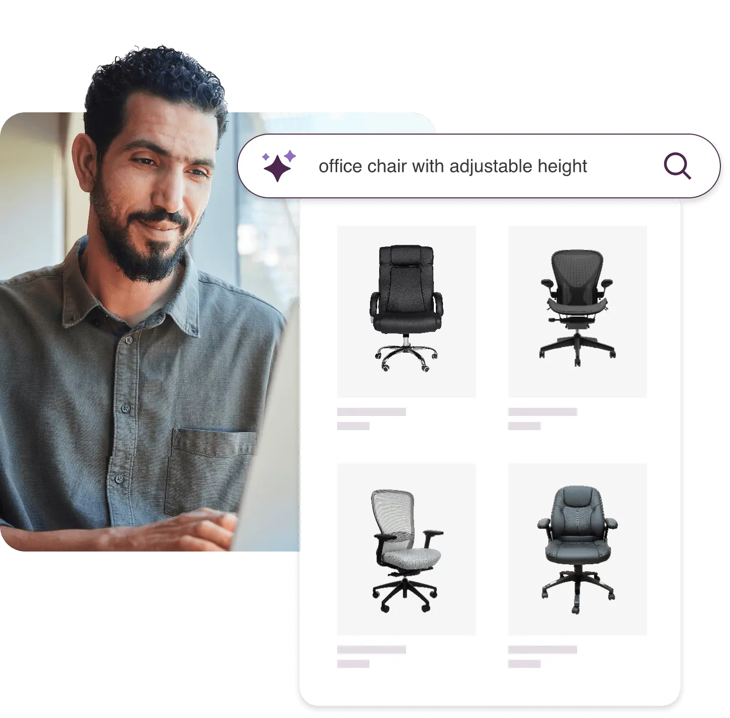 A man looking at a laptop with a popout of four office chairs, and a search bar above that that says 'office chair with adjustable height'