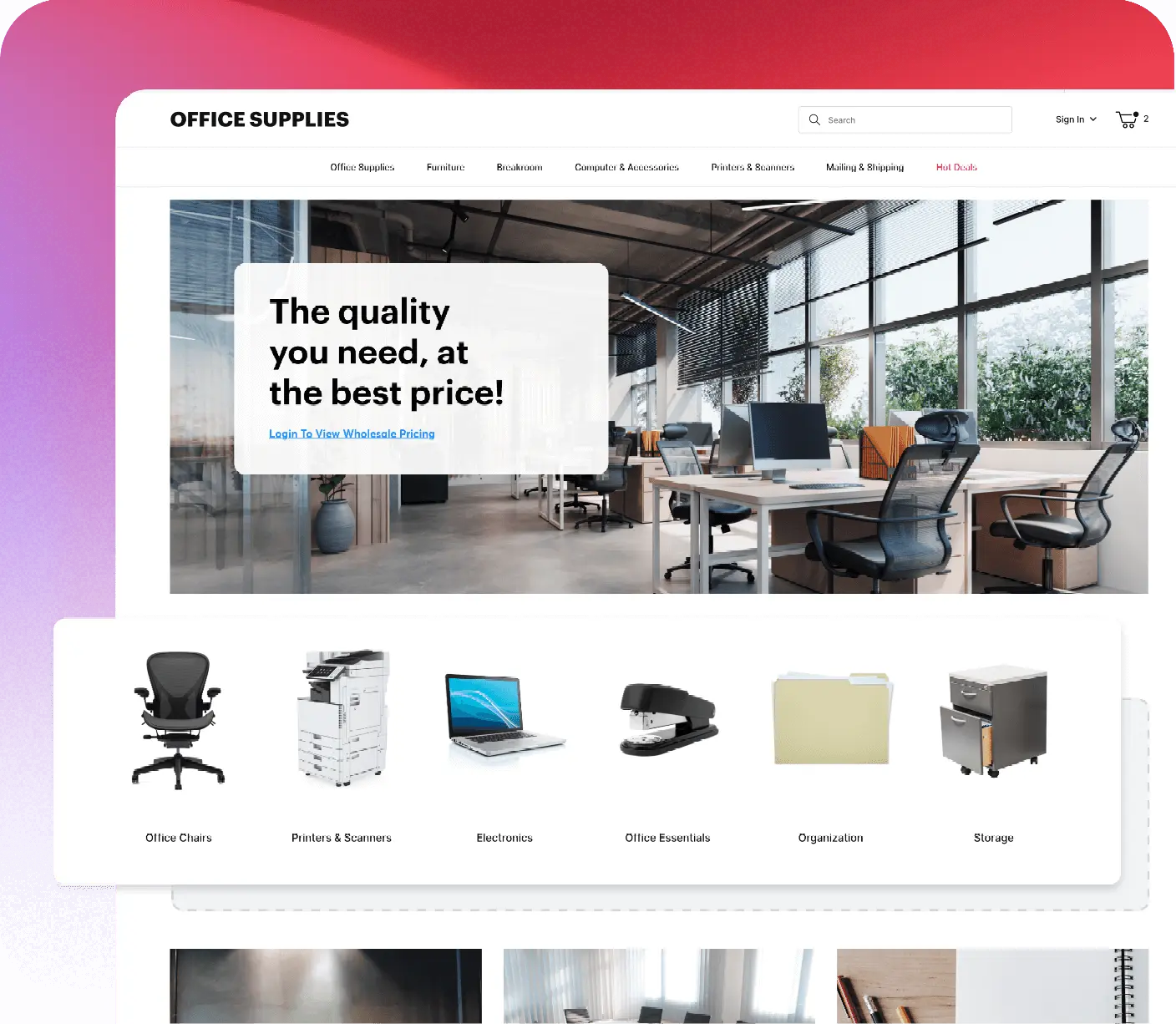 Screenshot of a office supply website, with the Featured Products section being dragged and moved to another spot.