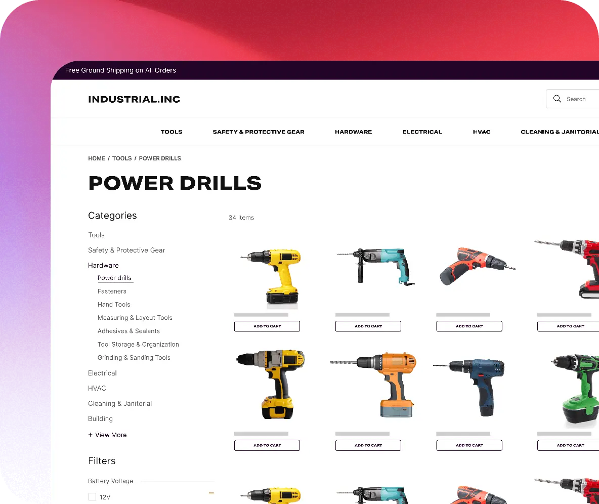 Category page of an example website displaying a number of power drills.