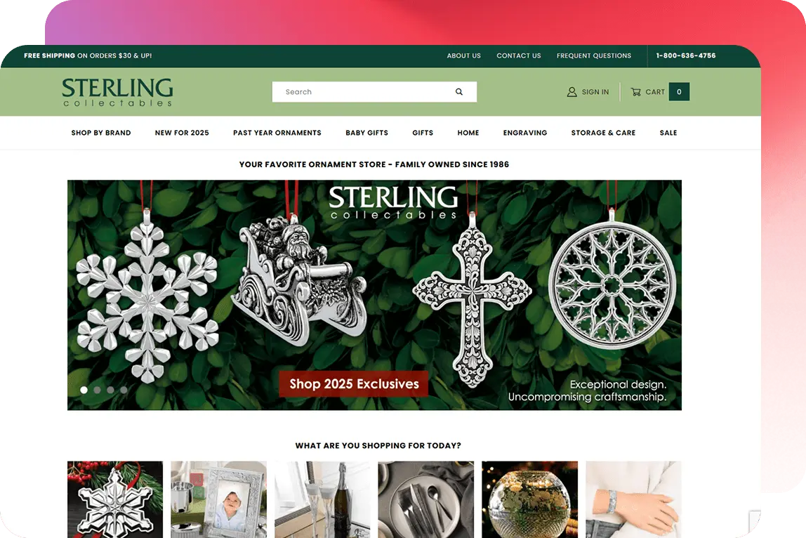 Screenshot of Sterling Collectables home page, featuring Christmas ornaments and suggested products.