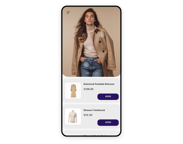 Screenshot of a fashion store product page of a jacket on a mobile device.