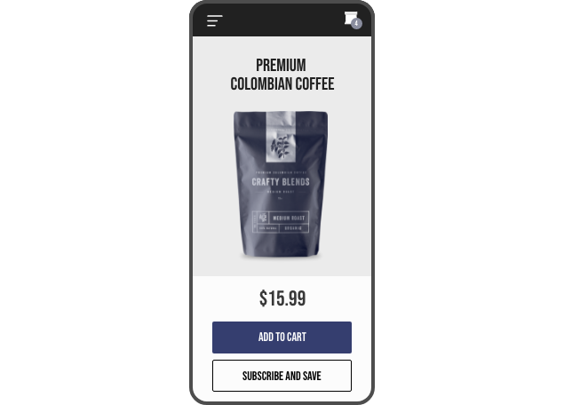 Screenshot of a coffee store product page of a bag of coffee on a mobile device.