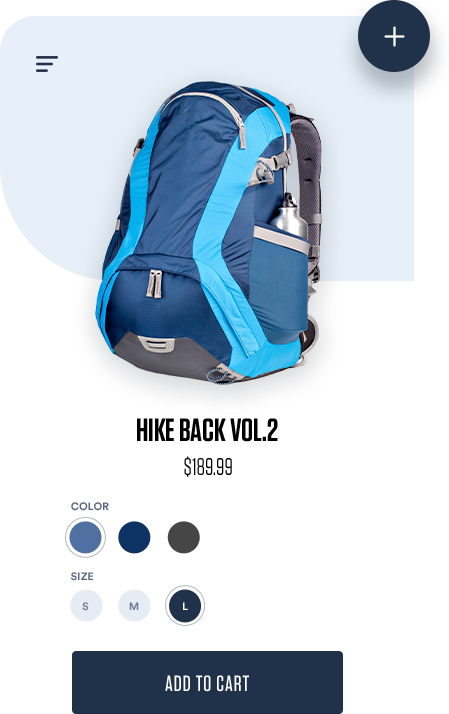 Image of a backpack product with a plus sign in the top right corner and add-to-cart button.