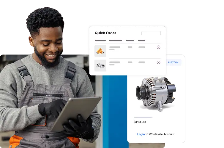 Image of a man working with a tablet and dialogs for Quick Order and a product page featuring an automotive part.