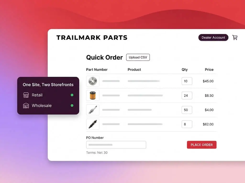 Trailmark Parts dealer quick order form with part numbers, quantities, CSV upload, PO number field, and Net 30 terms, with retail and wholesale storefronts both live on one site.