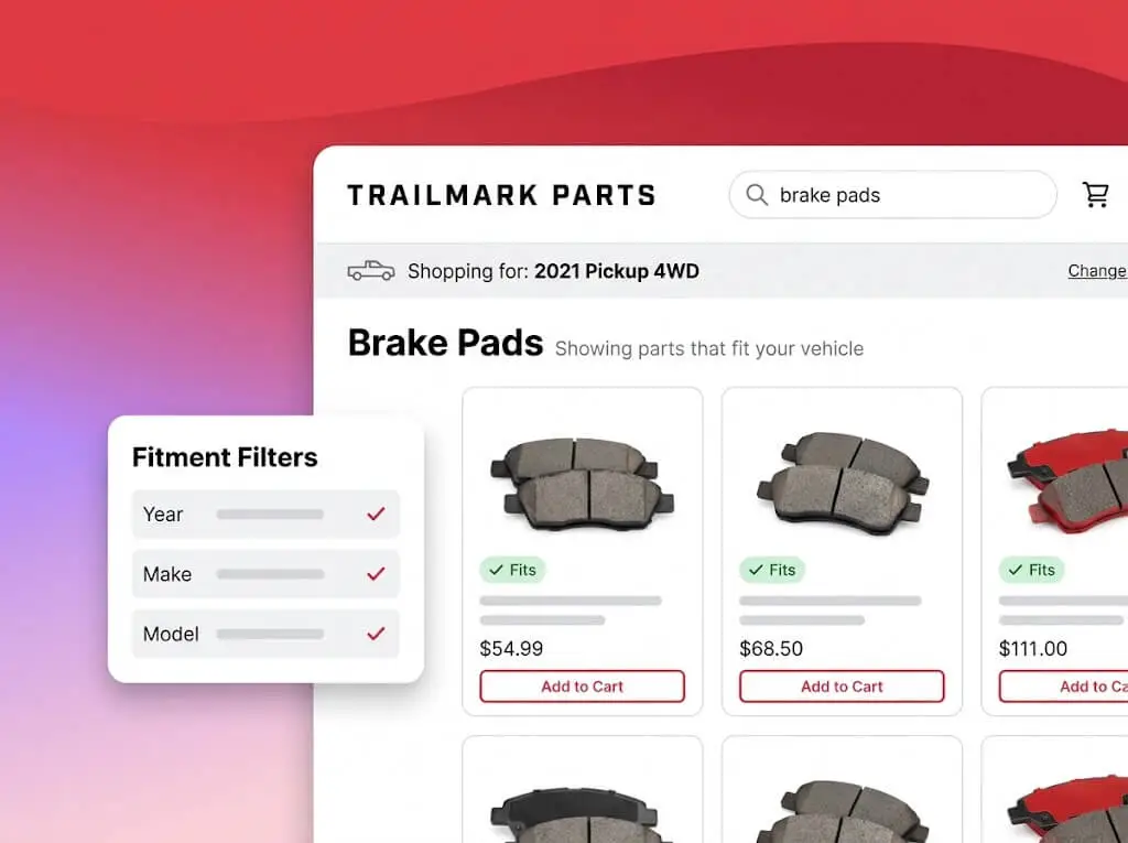Trailmark Parts search results for brake pads filtered to a 2021 Pickup 4WD, with year, make, and model fitment filters and a 'Fits' badge on each product.