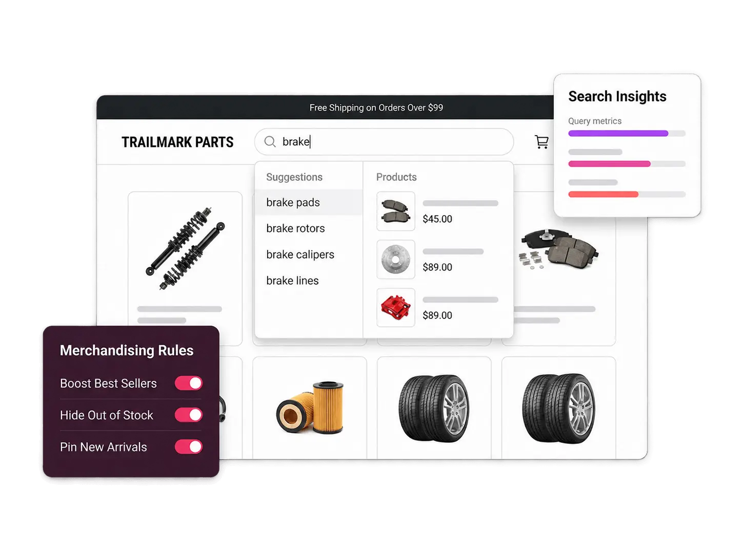 Trailmark Parts search bar suggesting brake pads, rotors, calipers, and lines as the shopper types 'brake,' with merchandising rule toggles and a search query metrics panel.