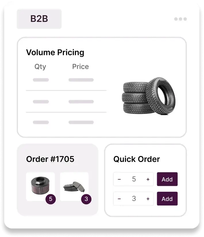 B2B storefront interface showing a volume pricing table for tires, a past order with an air filter and brake pads, and a quick order panel with quantity controls