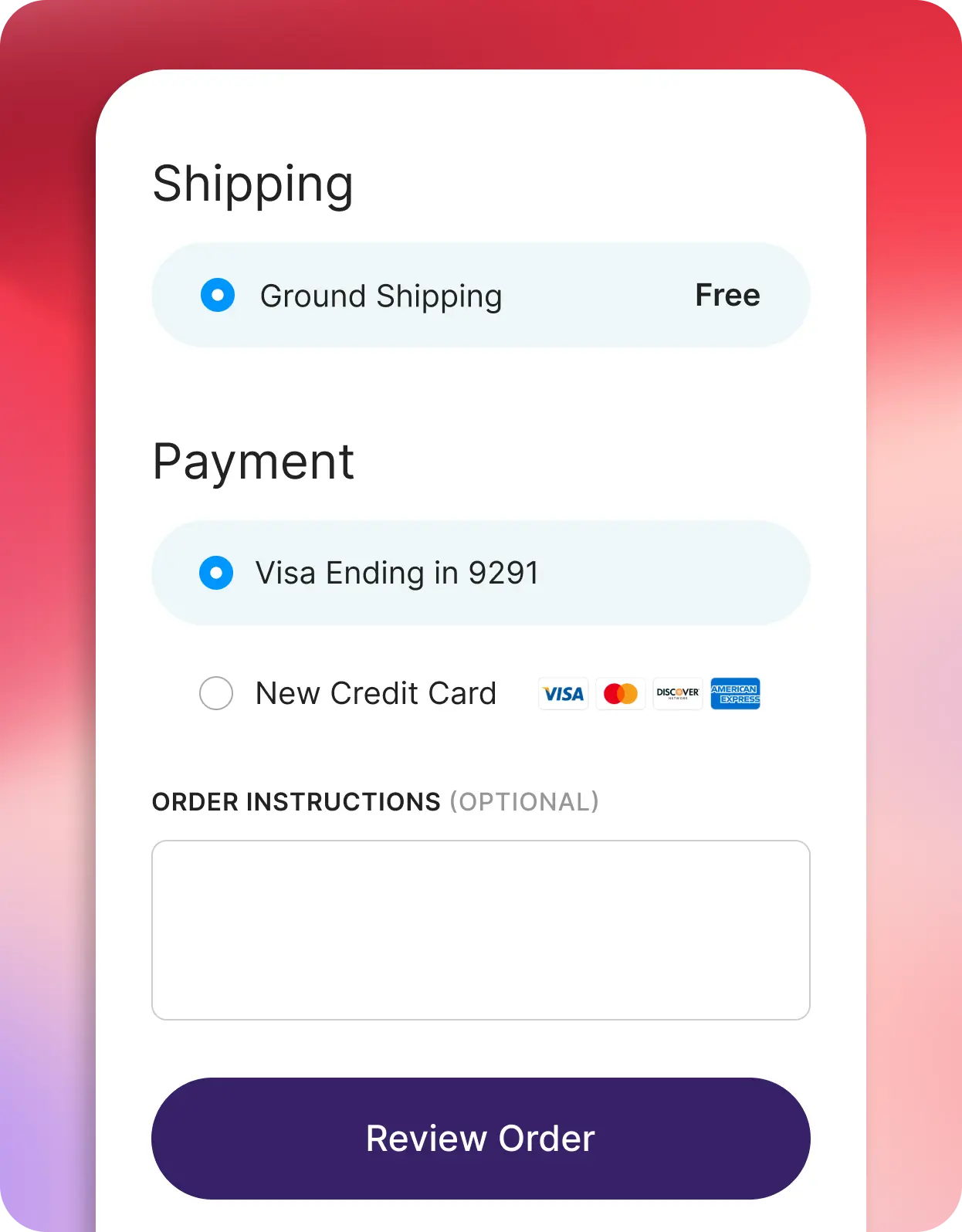 Mobile phone with a screen showing selected shipping and a saved credit card.