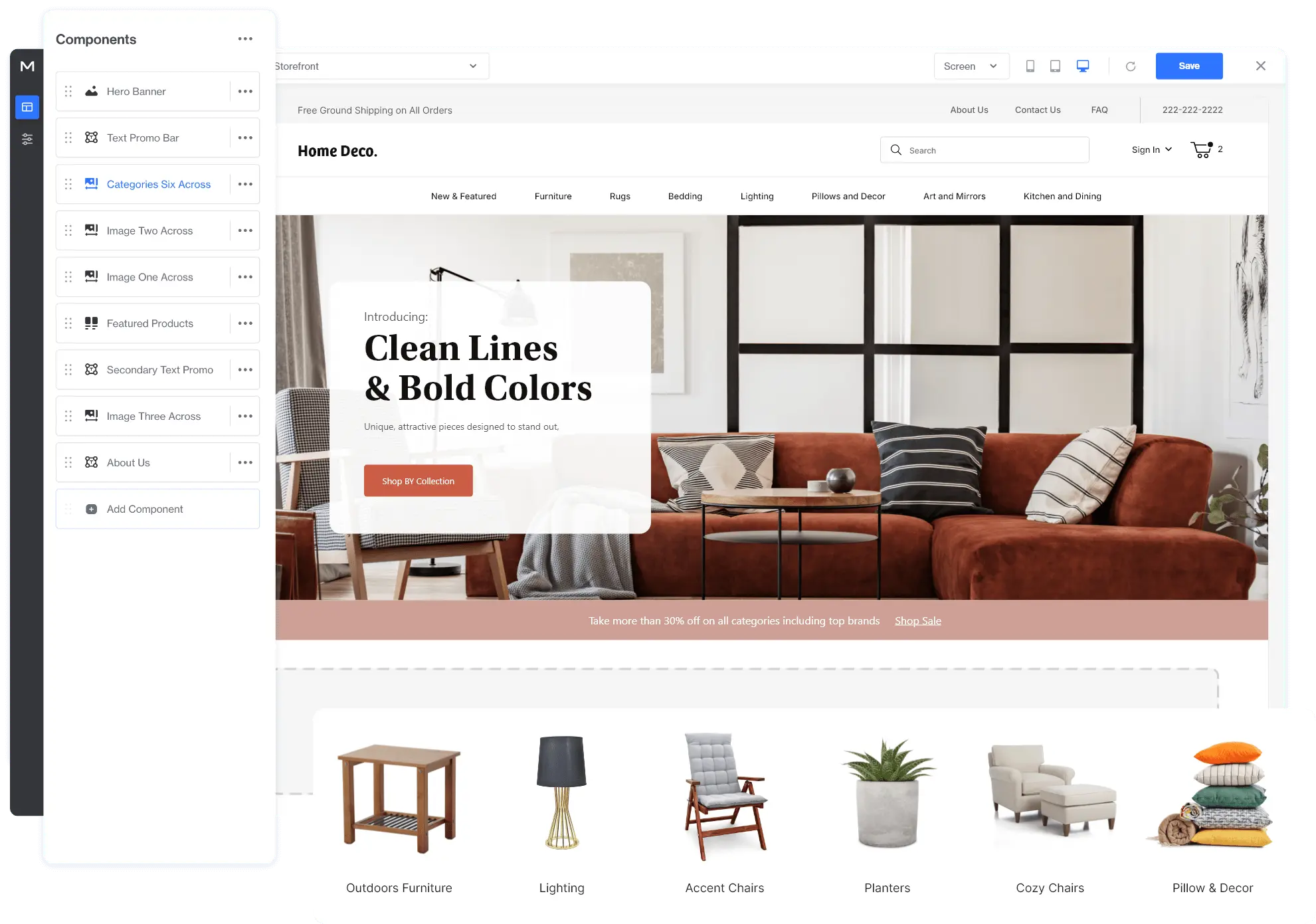 Screenshot of a home decor website being edited within PageBuilder. It shows the home page and the moving of the categories that are displayed.